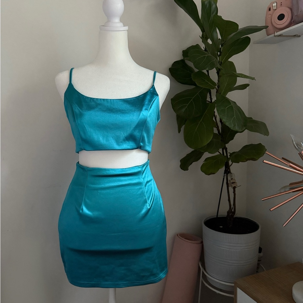 Teal Satin Crop Top and Skirt Set